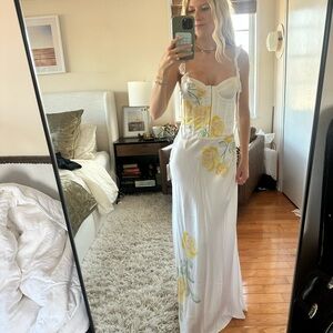 For Love and Lemons Satin Floral White and Yellow Dress
